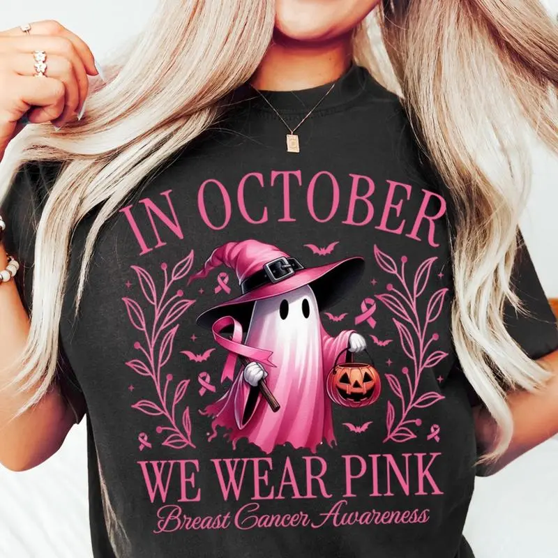 Women's Short-Sleeve Pink Graphic Breast Cancer Awareness T-Shirt - Casual Halloween Top for October "We Wear Pink" Themed Outfits, Shortsleeve, Tshirt, Lady, Halloween T Shirts, Bright Pink Graphic Women's T-Shirts