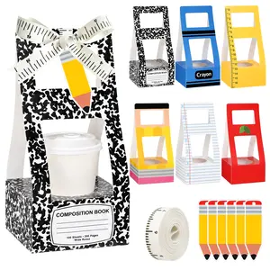 Back to School Teacher Gifts 6/12 Sets Single Cup Holder Gifts  School Supplies Themed Drink Carrier with 16 oz Paper Cup Ribbon Gift Tags for Teacher Coworker for First Day Class Graduation Retirement Classroom Party Favors