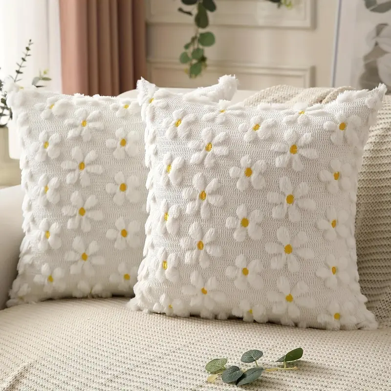 Daisy Pattern Cushion Cover, Soft Furry Cushion, 2pcs Soft Plush Faux Fur Throw Pillow Cover without Filler, Household Decoration Supplies for Home Living Room Bedroom, Bedroom Decorative Accessories