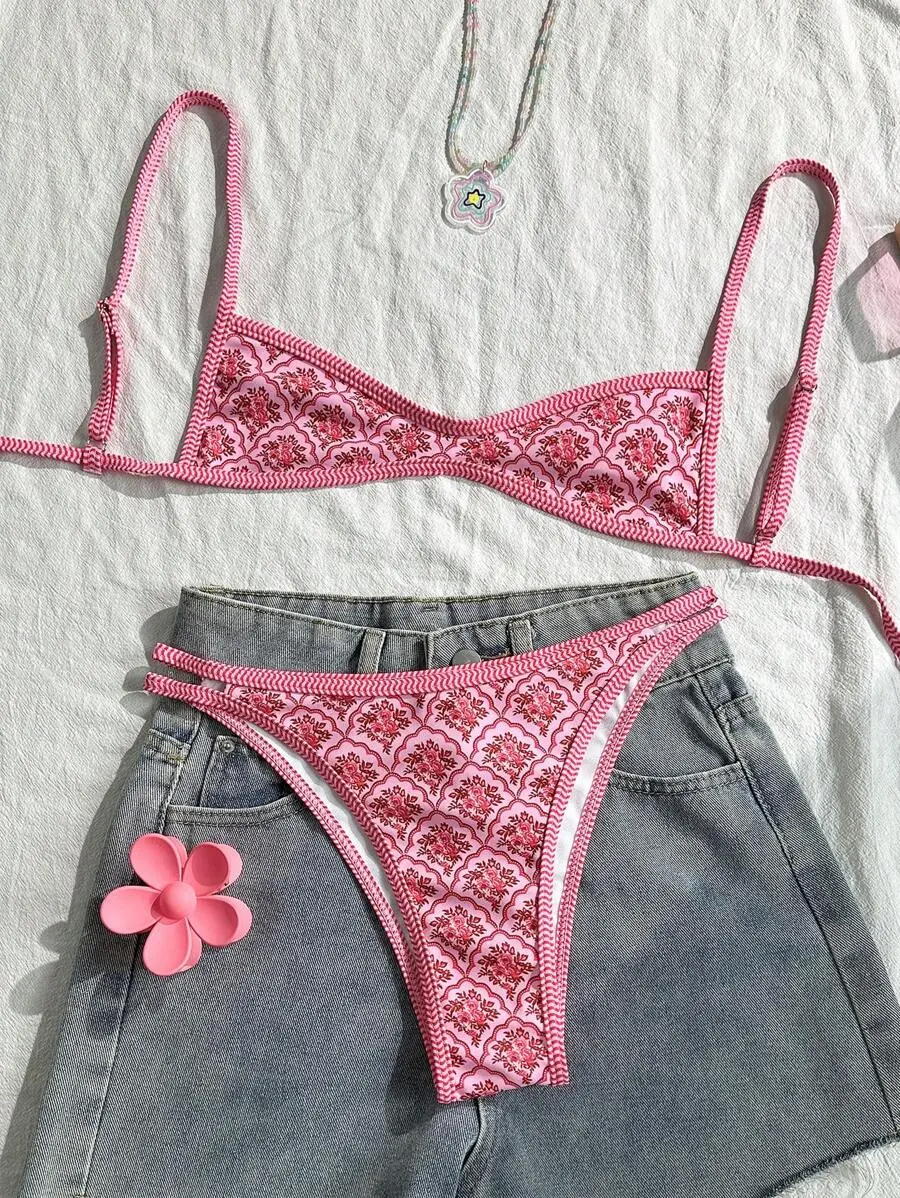 MISSGUIDED Swim Mod Women's Summer Floral Swimsuit Spaghetti Strap Sexy Bikini Holiday Tight Casual Cute Playful Two Pieces Swimsuit