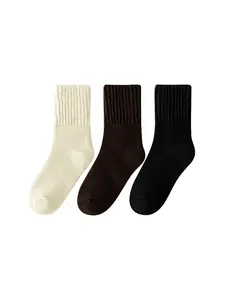 3 Pairs Color Mix Vintage Socks for Women, Winter Knit Mid-Calf Socks, Thick Plush Cushioned, Soft for Retro Casual Style, EU36-40