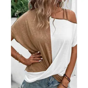 Contrast Asymmetrical Neck Short Sleeve T-Shirt