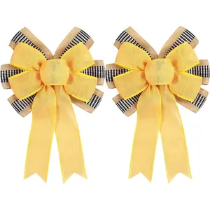 2 PCS Spring Summer Wreath Bow Decor,Decorative Bow with Yellow Burlap and Black White Stripe Ribbon for Holiday Tree Topper Home Front Door Outdoor