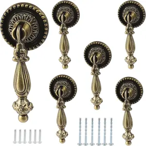 6PCS Antique Style Tear Drop Pulls - Vintage Cabinet Decorative Pull Handle Knob for Drawer, Dresser, Wardrobe - Bronze