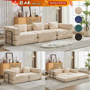 QAK 118" Convertible Floor Sofa Bed with Fixed Shape Frame Boneless Modular Sectional No Assembly Required Chenille Fabric for Living Room Bedroom