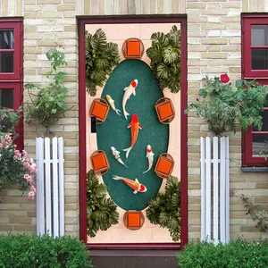 2pcs This door wall sticker features an oval pond with six koi fish of different shapes, surrounded by green plants and lantern elements, creating a tranquil and elegant Oriental Zen atmosphere. M