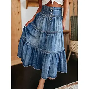 ��Plus Size�� Denim Skirt, Fashion Casual Button Design Skirt for Daily Outdoor Wear, Women Plus Clothing for Summer, Womenswear