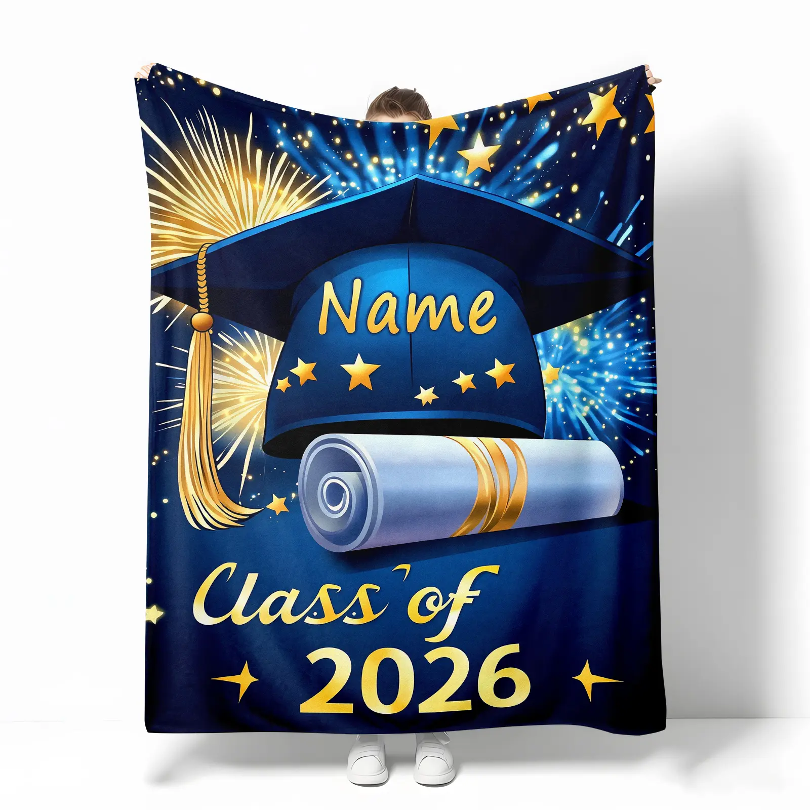 Personalized Class of 2026 Graduation Blanket, Custom Name Cap & Diploma with Fireworks Design,Lightweight Flannel Blankets, All-Season Soft Bedspread, Suitable for Graduation Parties and Classroom Decor, Machine Washable Single Side Lightweight Blanket