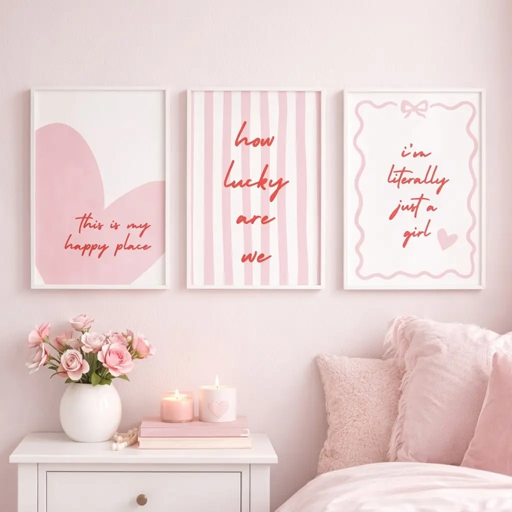 Set of 3 Preppy Pink Girls Bedroom Wall Art | Coquette Aesthetic Prints, No Frame