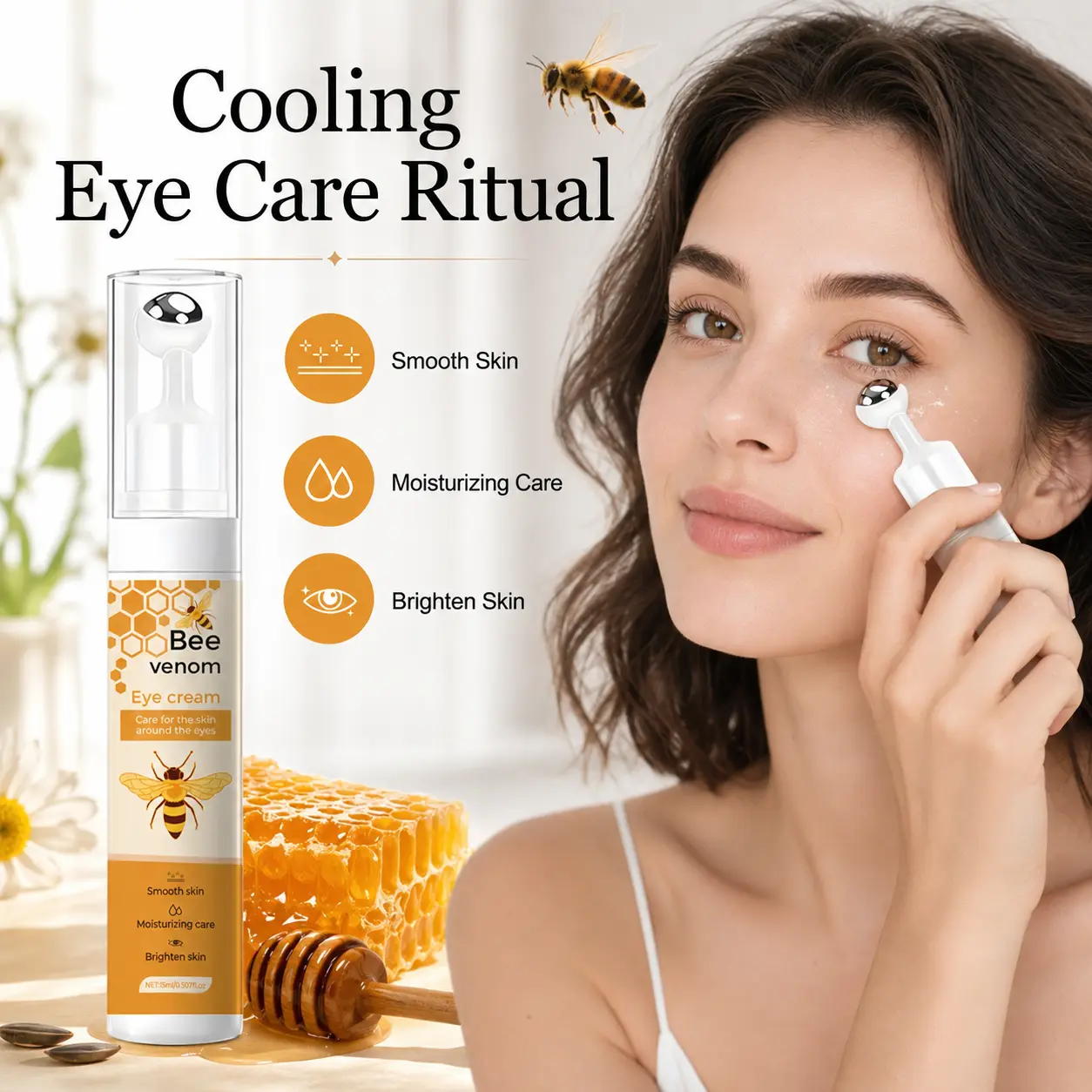 Bee Venom Eye Serum Roller – Cooling Massage Eye Cream with Peptides, Hydrating Under Eye Care for Brighter, Smoother-Looking Eyes, 0.5 fl oz
