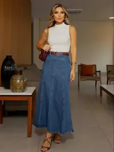 Elastic Washed Casual Denim Midi Stretchy Flared A-Line Skirt for Women, All-Season Wearable, Flared Fit Design, Perfect for Daily and Dates