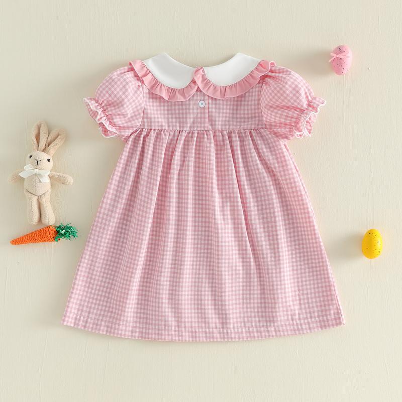 Emmababy Kids Baby Girls Dress Easter Clothes Rabbit Embroidered Plaid Short Sleeve Casual Dress Toddler Princess Dress 1-6 Years