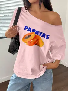Women's Papaya Print Off Shoulder Tee, Casual Y2K Fruit Print Long Sleeve T-Shirt for Daily Wear, Ladies Clothes for All Seasons