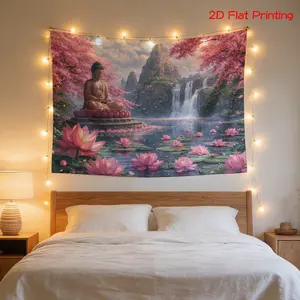2D Flat, [2D Flat Printing] 1 High Definition Digital Print Tapestry+ Serene, Lotus-filled Landscape, Buddha Statue, Waterfall.+Holiday Gift, Home Decor, Party Backdrop, Landscape Wall Art, Nature-Inspired Design, Suitable for Multiple Settings