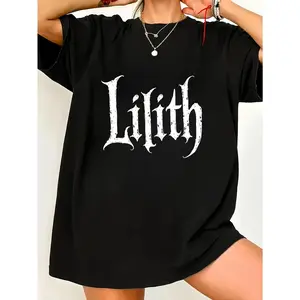 Plus Size, Women's Plus Size Gothic "Lilith" Print Oversized T-Shirt - Stretch Casual Round Neck Short Sleeve Blouse