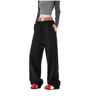 Unisex joggers with double waistband, washed loose fit; wide-leg plaid patchwork casual pants with pockets; comfortable to wear, suitable for daily commuting or leisure activities.