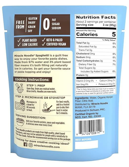 Miracle Noodle Ready to Eat Organic Spaghetti Pasta, 7 Oz (Pack of 6), Plant Based Shirataki Konjac Noodles, 5 Calories, 1g Net Carbs Per Serving, Keto, Gluten-Free