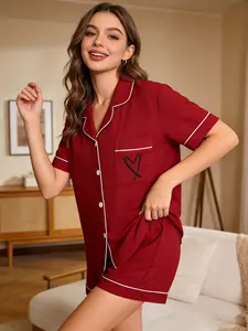 Women's Heart Sleepwear Set, Casual Lapel Button Front Shirt and Pants, Comfortable Fitted Ladies' Pajamas, Cute Spring Clothes