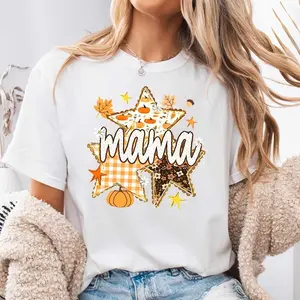 Mama Pumpkin Star Print, Neck Drop Shoulder T-Shirt, Autumn Fall Festival Thanksgiving, Casual Daily Wear Outdoor Party