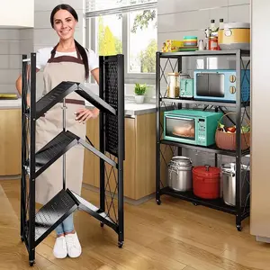 4 Tier Storage Shelves Unit, Foldable Garage Shelving Metal Wire Shelf Rack, No Assembly Baker Rack Organizer Microwave Stand for Kitchen, Basement, Pantry, Laundry Room (4 tire Shelf) Tool Plants Shoe