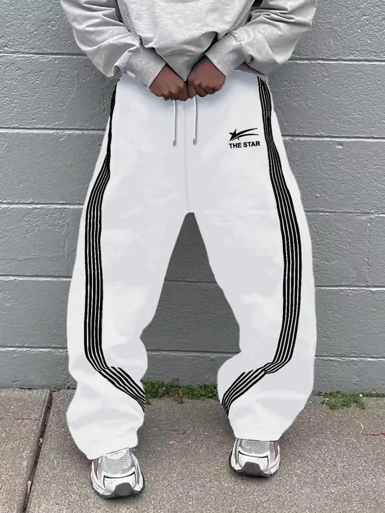 Men's Letter & Stars & Striped Print Drawstring Waist Sweatpants, Regular Fit Casual Street Elastic Waist Pants for Fall & Winter, Men's Trousers for Daily Wear, Athleisure Style, Striped Side Sweatpants, Casual Athletic Pants, Casual Sporty Pants