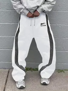 Men's Letter & Stars & Striped Print Drawstring Waist Sweatpants, Regular Fit Casual Street Elastic Waist Pants for Fall & Winter, Men's Trousers for Daily Wear, Athleisure Style, Striped Side Sweatpants