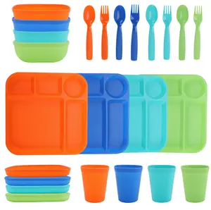24-Piece Plastic Kids Dinnerware Set with Trays, Bowls, Plates, Cups, Forks, and Spoons in Orange, Blue, Aqua, and Green