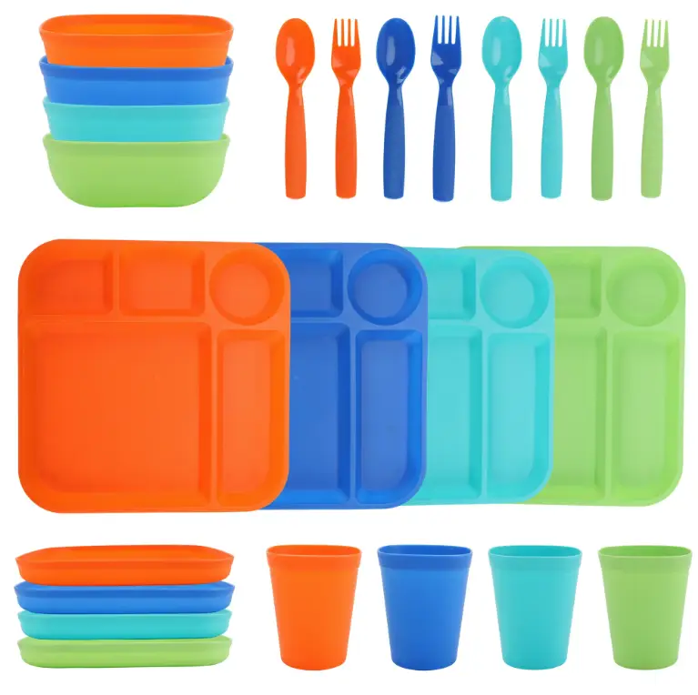 24-Piece Plastic Kids Dinnerware Set with Trays, Bowls, Plates, Cups, Forks, and Spoons in Orange, Blue, Aqua, and Green