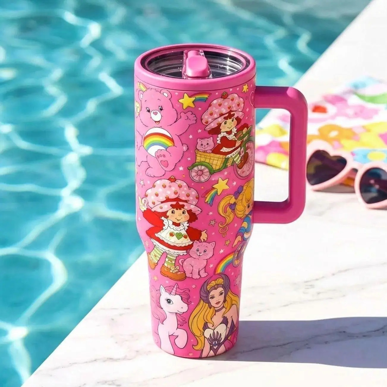 1pcs 40oz Vintage 80s Cartoon Collage Tumbler With Handle & Straw, Retro Rainbow Brite Smurfette Strawberry Shortcake Print Stainless Steel Insulated Travel Cup, Nostalgic Gift For 90s Fans