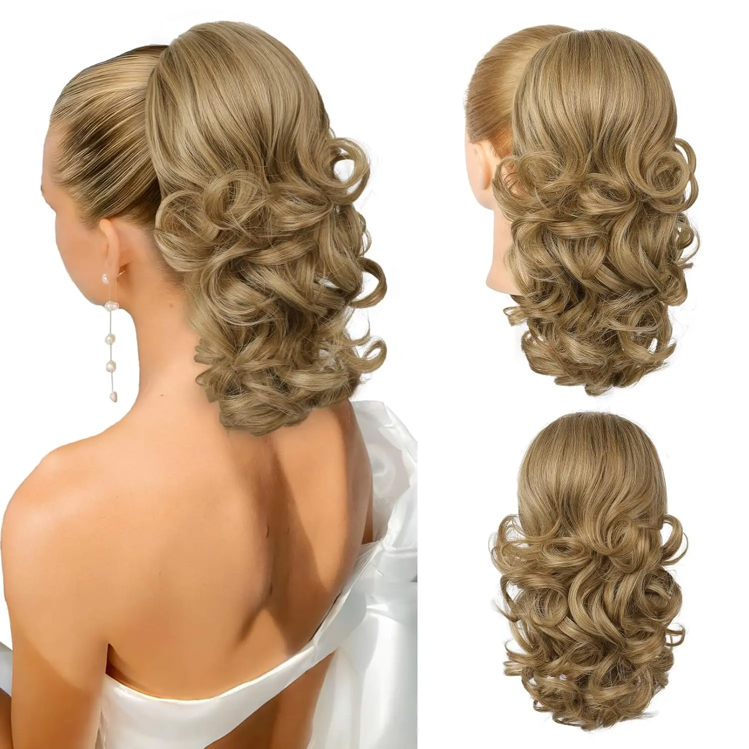 Women's Curly Soft Synthetic Ponytail Extension - 14 in Short Easy Drawstring Hairpiece, Comfortable Breathable Inner Mesh, Deep Blonde with Highlight, Comb for Secure Fit, Ideal for Date, Photo Shoot, Soft Synthetic Fiber, Easy Drawstring Design, Elastic