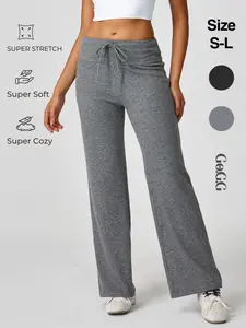Women's Straight Leg Pants Elastic Waist Drawstring Summer Loose Fit Drape Long Wide Leg Yoga Pants, Comfortable and Stylish