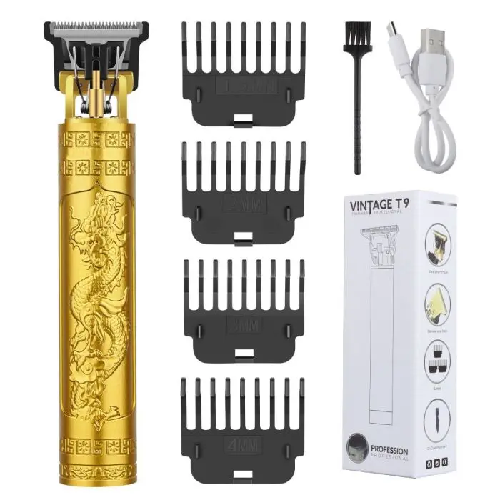 LQT Vintage Gold Dragon Engraved Hair Trimmer, Cordless Zero Gapped Detail Trimmer with 4 Guide Combs, USB Rechargeable Professional Barber Tool for Men, Home Salon, Gift for men