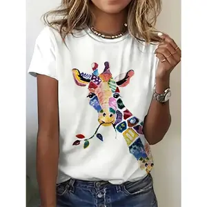 Women's Colorful Giraffe Print T-Shirt - Casual Short Sleeve Crew Neck Top, Vibrant Geometric Design, Soft & Comfortable Fabric, Perfect for Casual Attire, Allseason Fashion | Machine Washable Shirt