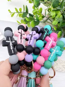 Fashionable Cross Keychain Set with Tassels and Beads, Silicone Chain, Casual Style, Perfect for Daily Use, All Seasons Accessory