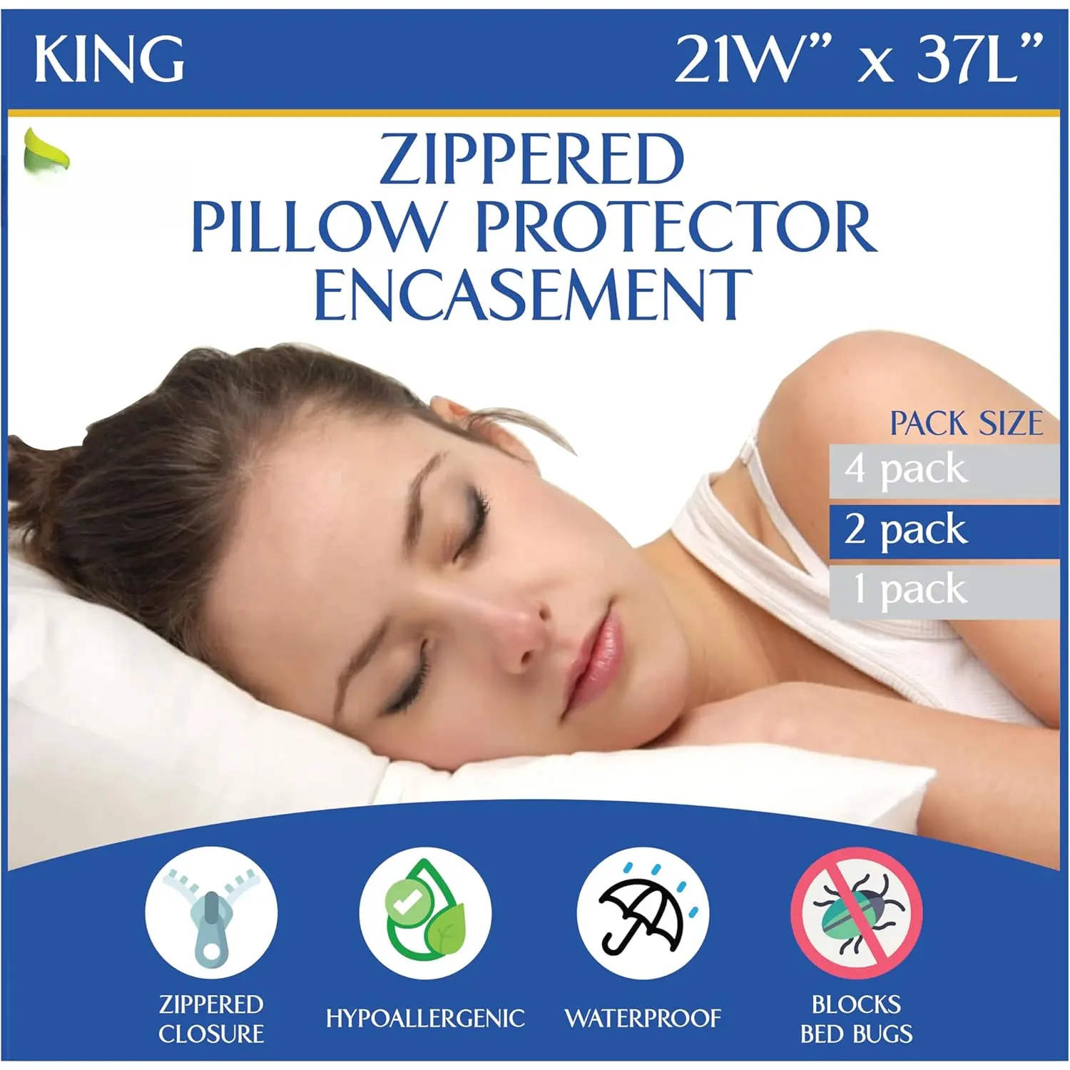 Pillow Protectors (Set of 2) - Zippered Pillow Cover  Dust Allergy Proof Encasement
