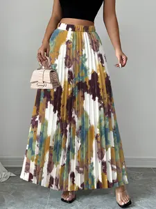 Women’s Elegant Fitted Printed Pleated Skirt with Abstract Multicolor Pattern, Versatile All-Season Formal & Casual Wear, Ideal for Work and Parties