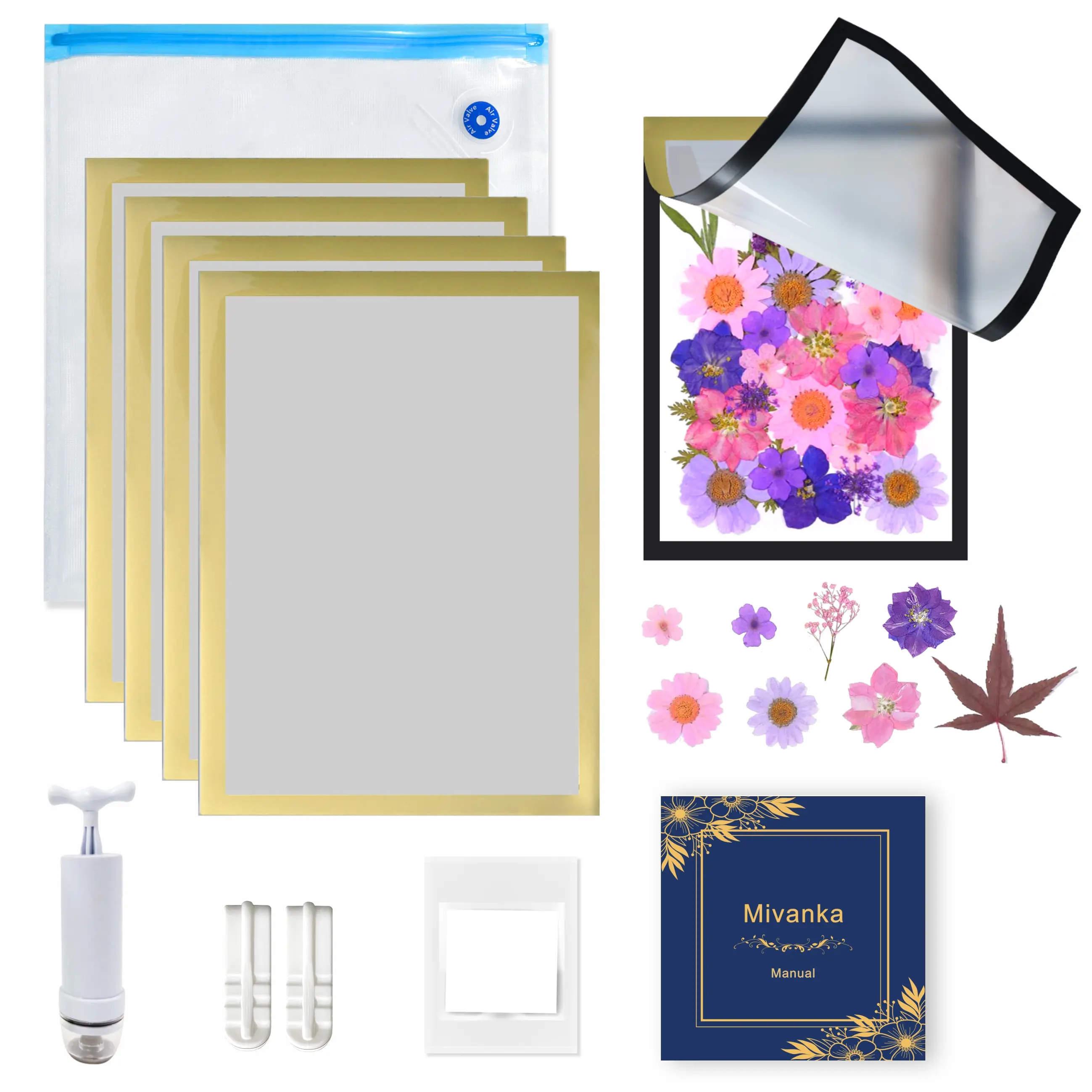 Magnetic Photo Frames with Vacuum Sealer Bag for Dried Flowers Preserve, Extend the Longtime of Dried Flowers, 5PCS Gold Large Size for Flowers, Plants Save with Drying Plate and Hand Pump