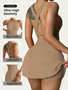 Keren Spring Summer New Arrival, Seamless Cross Back Tennis Dress, Sporty Halter Two-In-One Anti-Exposure, High Elasticity, Breathable, Versatile