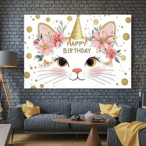 2D Flat Banner 1pc， Happy Birthday Cat Party Banner - Cute Kitten with Kitten & Paws Print Wall Hanging, Spring Summer Fall Decoration Suitable for Room, Birthday Party Decorations, - Fabric Multicolor Cat-Themed Banner