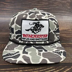 Vintage Camo Winchester Rope Brim Snapback Hat, Classic Hunting Style Trucker Cap, Outdoor Shooting & Ranch Wear, Adjustable Unisex Hat Gift for Men