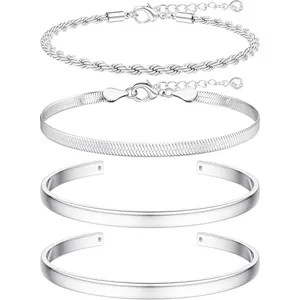 Chunky Silver Bracelets for Women, Stackable Bangle Cuff Bracelets for Women Non Tarnish Silver Bracelet Stack Layered Chunky Link Chain Cuff Bangle Bracelet