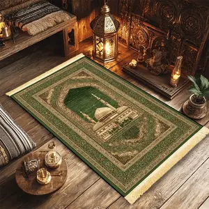 1pc Green Mosque Prayer Mat: Muslim Prayer Rugs, 100% Polyester, Machine Washable, for Indoor/Outdoor, Pilgrimage & Meditation, Islamic Wall Art