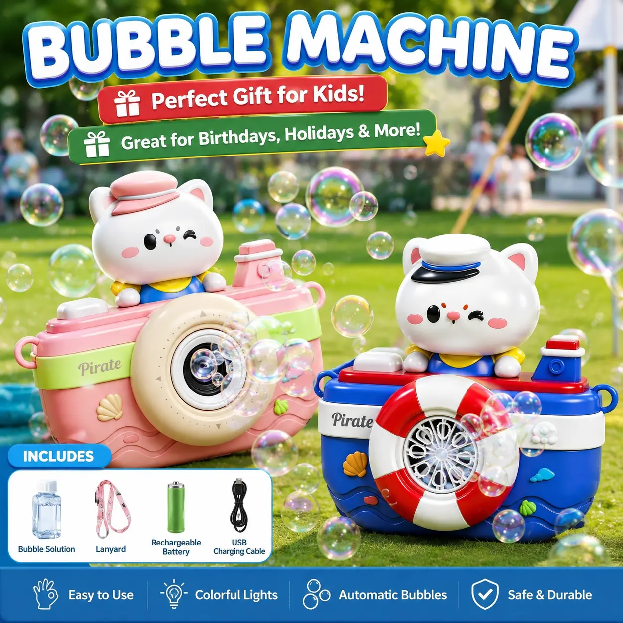 LED Bubble Machine for Kids, Rechargeable Automatic Bubble Maker with Music, Colorful Light Bubble Blower Toy for Outdoor Summer Party