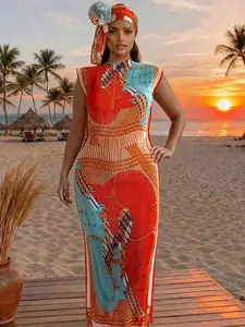 Women's Boho Style Long Robe Set, Moomoo Dress + Headscarf, Sun Protection Satin Silk Shawl, Swimwear Coverups, All Seasons