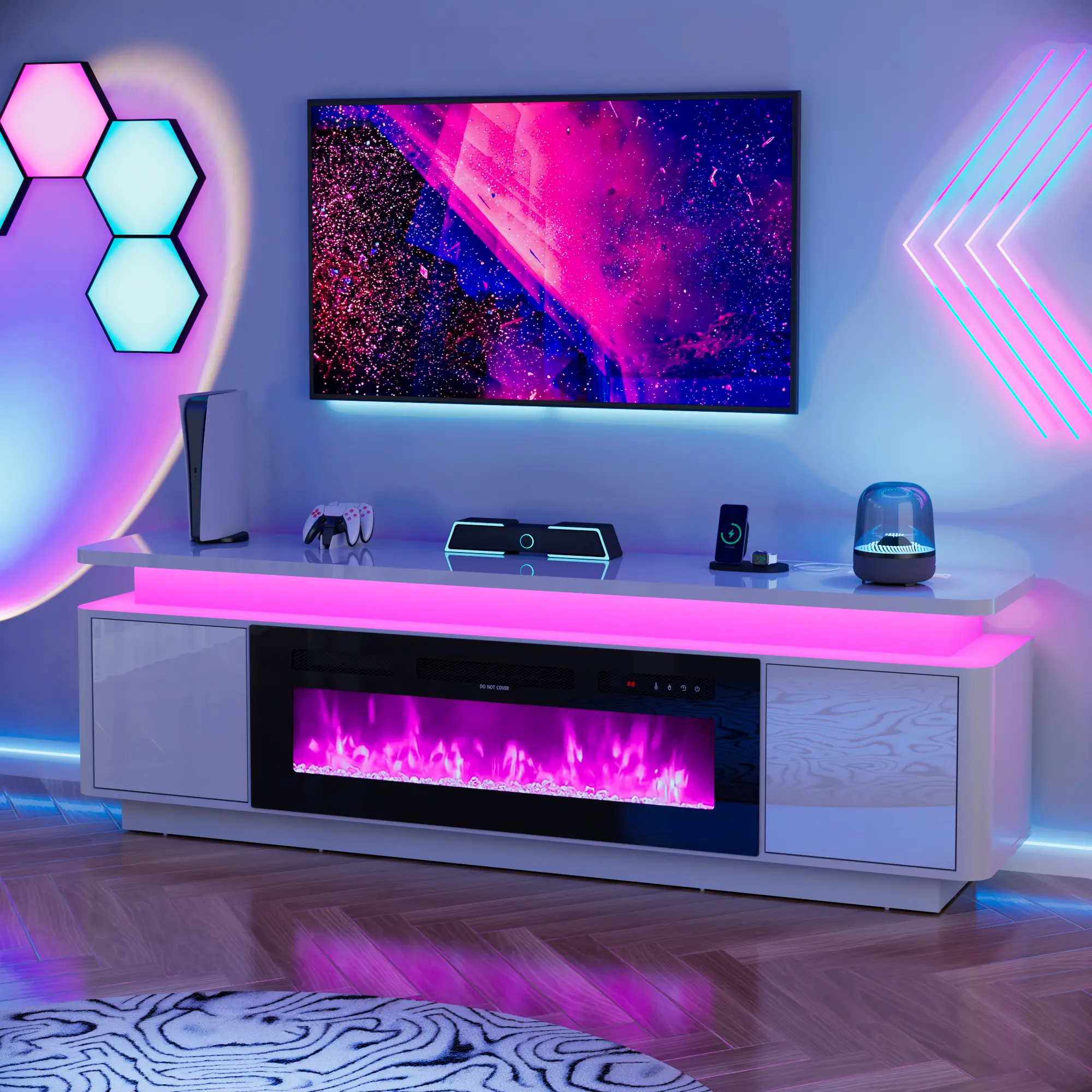 71" High‑Gloss Fireplace TV Stand 36" Electric LED Flame Entertainment Center, Fits TVs Up to 80"