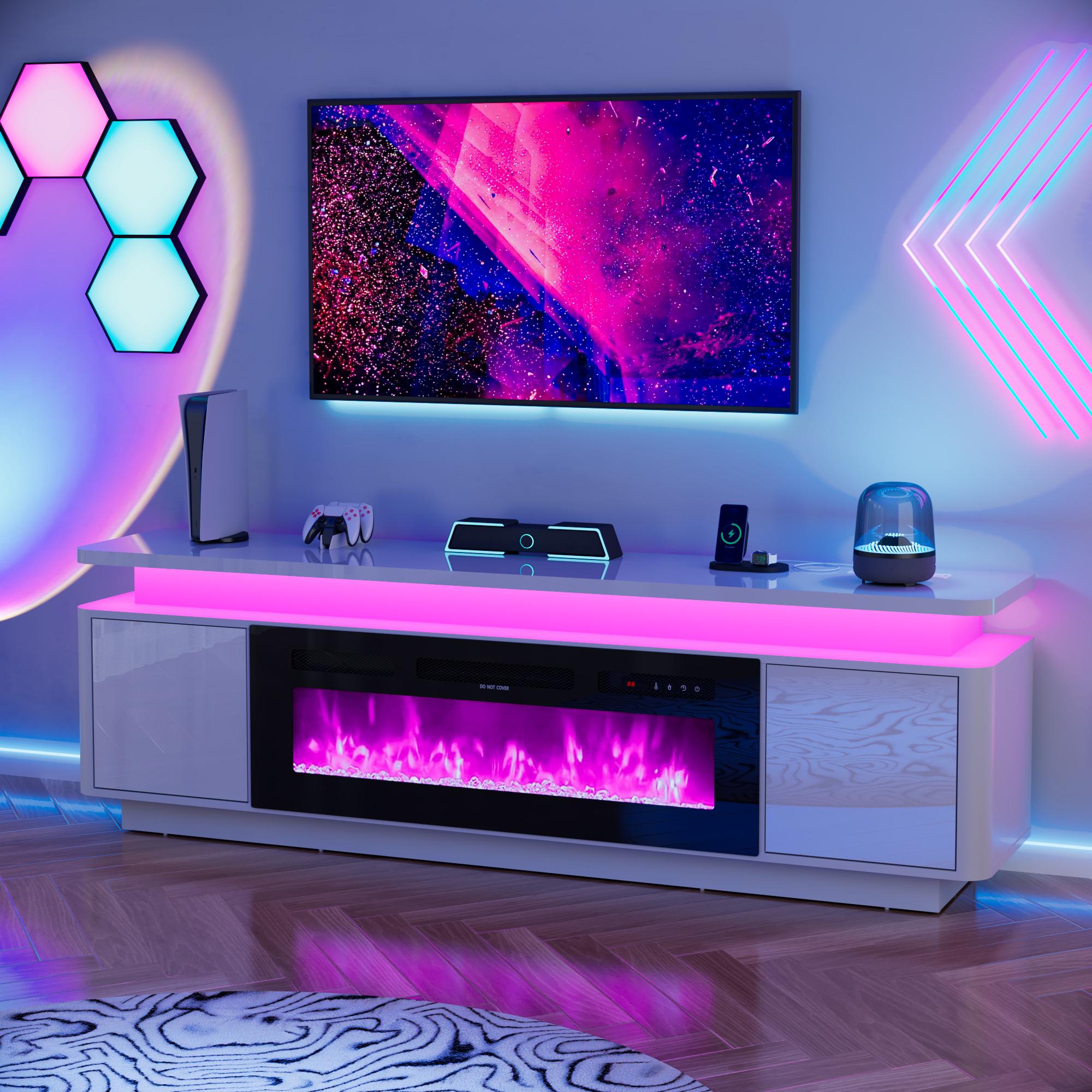 71" High-Gloss TV Stand - 36" Electric LED Flame Entertainment Center, Furniture for Apartments, Fits TVs Up to 80"