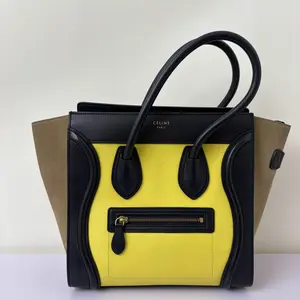 Pre-owned Calfskin Tote Bags Celine Micro Luggage Shopper Leather Suede Navy Beige Yellow