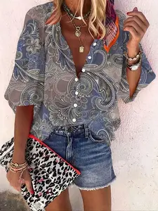 Women's Paisley Print Button Front Shirt, Boho Bishop Sleeve Mock Neck Top for Summer, Women's Clothing for Daily Wear