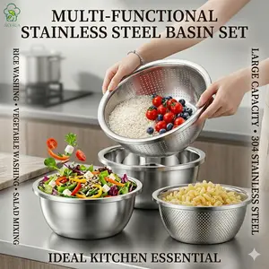 Stainless Steel Mixing Bowls, Rice Washer Strainer Bowl Large Mixing Bowl Salad Mixing Bow, Rice Cleaner Strainer Stainless Steel Colander For Washing Vegetables, Fruit, Rice, Straining Pasta