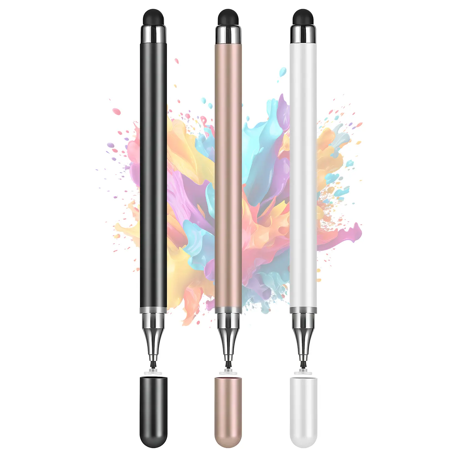 3-Pack Universal Stylus Pens for Touch Screens, 2-in-1 High-Precision Capacitive Tablet Pens with Clear Disc and Soft Rubber Tips, No Charging Required, Compatible with iPad, iPhone, Android Tablets and Smartphones